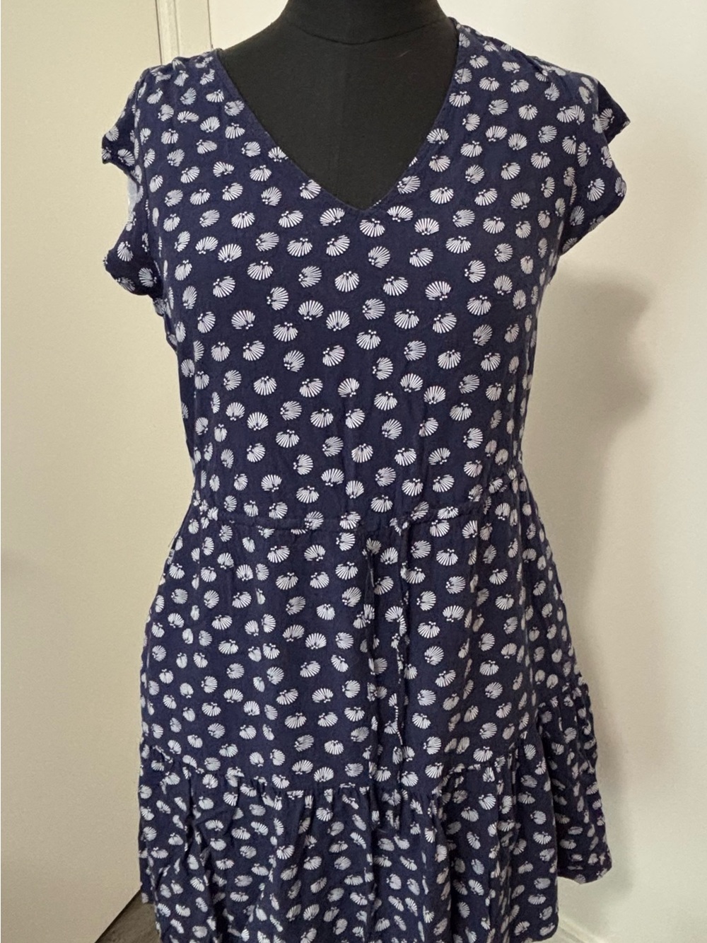 Navy V-Neck Tiered Shell Print Dress
